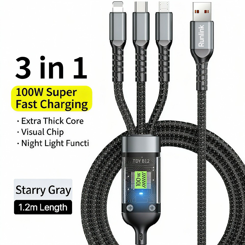 Runlink U-S03 3-in-1 Nylon Braided Charging Cable | 100W Fast Charge & Data Transfer